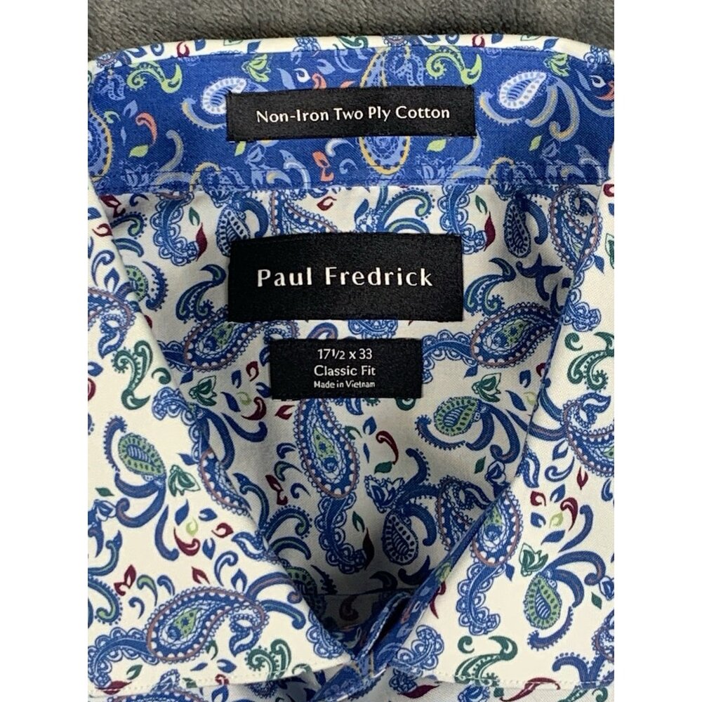 Paul Fredrick Paisley Button Up Shirt Blue Men’s 17.5 X 33 Classic Fit Hippie - Picture 5 of 8